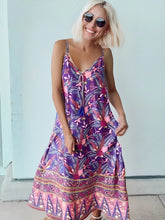 Load image into Gallery viewer, Purple Floral Print,Bohemian Strap Dress,Boho Midi Dress