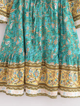 Load image into Gallery viewer, Green Floral Print ,Bohemian Mini Dress,Boho Dress