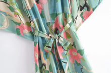 Load image into Gallery viewer, Boho Green Crane & Floral Print Kimono | Rayon Beach Cover-up & Robe