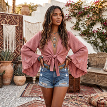 Load image into Gallery viewer, Star Moon Embroidery Short Bohemian Kimono Ruffles Flare Sleeves