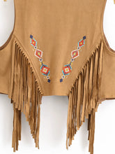 Load image into Gallery viewer, Women’s Faux Suede Fringe Vest - Bohemian Floral Embroidery Cowgirl Jacket with Rivets