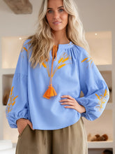Load image into Gallery viewer, Wheat Embroidered, Linen Cotton Blouse,Lace-up Tassel Loose Boho Shirt