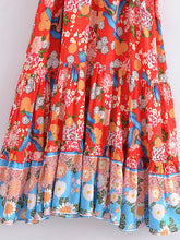 Load image into Gallery viewer, Red Floral Print, Beach Bohemian Dress,Maxi Boho Dress