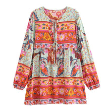 Load image into Gallery viewer, Green Floral Peacock,Bohemian Mini Dress,Boho Dress