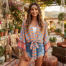 Load image into Gallery viewer, Bohemian Kimono, Boho Bikini Cover-ups,Geometry Floral Print
