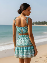 Load image into Gallery viewer, Boho Sets,Mini Tops and Skirts,Green Floral Print