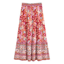 Load image into Gallery viewer, Red Floral Tiered Boho Maxi Skirt - Drawstring Long Skirt
