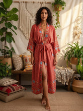 Load image into Gallery viewer, Floral Bohemian Kimono ,Boho Robe ,Bikini Cover-ups