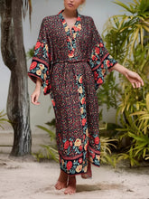 Load image into Gallery viewer, Black Floral Bohemian Kimono ,Boho Robe ,Bikini Cover-ups
