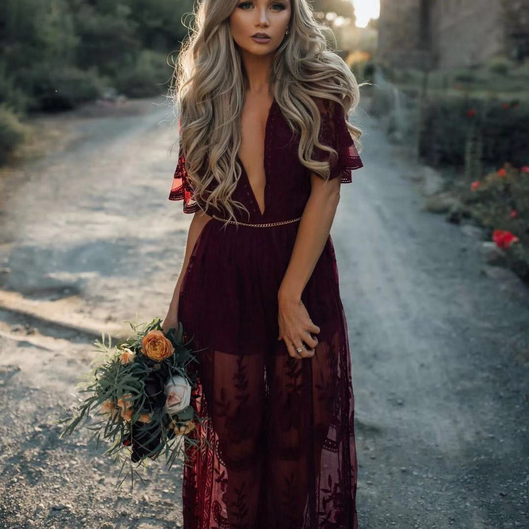 red lace boho dress Lace & Beads boho ruffle Maxi Dress in Red