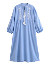 Load image into Gallery viewer, Floral Emberoidered, Linen Cotton Maxi Dress,Tassel Boho Dress