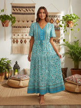 Load image into Gallery viewer, Green Floral Print ,Bohemian Maxi Dresses,Boho Dress