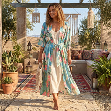 Load image into Gallery viewer, Boho Green Crane & Floral Print Kimono | Rayon Beach Cover-up & Robe