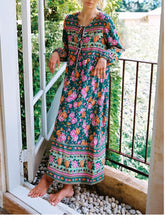 Load image into Gallery viewer, Green Floral Print,Bohemian Maxi Dress,Boho Dress Robe