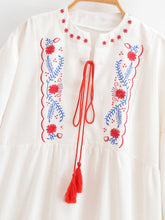 Load image into Gallery viewer, Floral Emberoidered, Linen Cotton Maxi Dress,Tassel Boho Dress