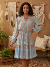 Load image into Gallery viewer, Blue Floral Print Bohemian Mini Dress , Rayon Boho Dress