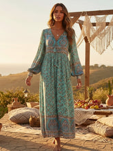 Load image into Gallery viewer, Green Floral Print ,Bohemian Maxi Dress ,Boho Dress
