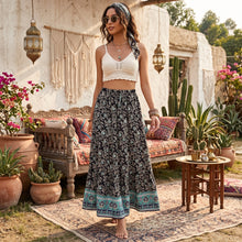 Load image into Gallery viewer, Boho Paisley Border Print Maxi Skirt - Black Tiered Skirt