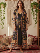 Load image into Gallery viewer, Black Floral Print ,Bohemian Kimono Robe ,Boho Bikini Cover-ups