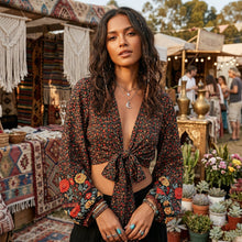 Load image into Gallery viewer, Floral Tie-Front Crop Top - Boho Long Sleeve Blouse