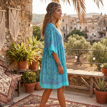 Load image into Gallery viewer, Green Floral Print ,Batwing Sleeve ,Boho Dress