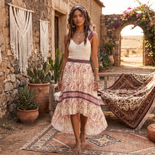 Load image into Gallery viewer, Cream Floral High-Low Boho Maxi Skirt - Ruffle Summer Skirt