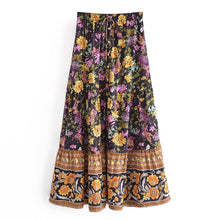 Load image into Gallery viewer, Dark Boho Floral Maxi Skirt - Vintage Yellow Floral Long Skirt