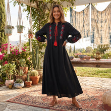 Load image into Gallery viewer, Floral Emberoidered, Linen Cotton Maxi Dress,Tassel Boho Dress