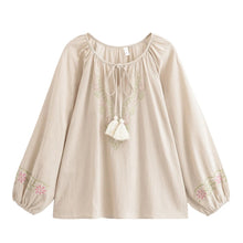 Load image into Gallery viewer, Golden Floral Embroidery ,Linen Cotton Blouse,Loose Boho Shirts