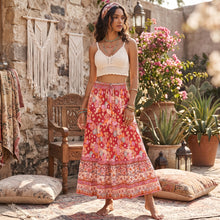 Load image into Gallery viewer, Red Floral Tiered Boho Maxi Skirt - Drawstring Long Skirt