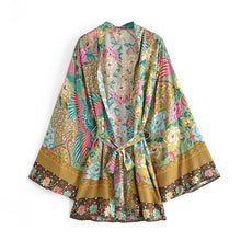 Load image into Gallery viewer, Green Peacock Floral Print ,bohemian kimono ,Boho robe Cover-ups