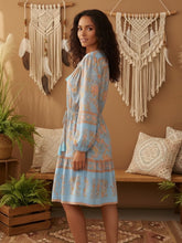 Load image into Gallery viewer, Blue Floral Print Bohemian Mini Dress , Rayon Boho Dress