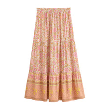 Load image into Gallery viewer, Pink Floral Tiered Boho Maxi Skirt - Elastic Waist Tassel