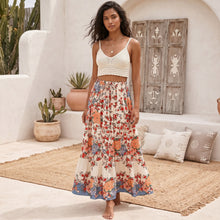 Load image into Gallery viewer, Cream Floral Tiered Boho Maxi Skirt - Drawstring Long Skirt