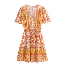 Load image into Gallery viewer, Yellow Floral Print ,Bohemian Mini Dress, Boho Dress