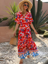 Load image into Gallery viewer, Red Floral Print, Beach Bohemian Dress,Maxi Boho Dress