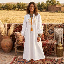 Load image into Gallery viewer, Retro Linen Cotton,Wheat Emberoidered, Lantern Sleeve Boho Maxi Dress