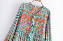 Load image into Gallery viewer, Green Floral Bohemian Maxi Dress,Rayon Cotton Boho Dress