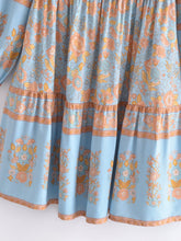Load image into Gallery viewer, Blue Floral Print Bohemian Mini Dress , Rayon Boho Dress