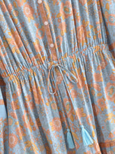 Load image into Gallery viewer, Blue Floral Print Bohemian Mini Dress , Rayon Boho Dress