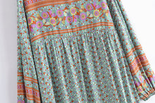 Load image into Gallery viewer, Green Floral Bohemian Maxi Dress,Rayon Cotton Boho Dress
