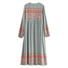 Load image into Gallery viewer, Green Floral Bohemian Maxi Dress,Rayon Cotton Boho Dress