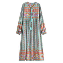 Load image into Gallery viewer, Green Floral Bohemian Maxi Dress,Rayon Cotton Boho Dress