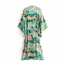 Load image into Gallery viewer, Boho Kimono,Bikini Cover-ups,Green Crane Floral