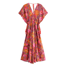 Load image into Gallery viewer, Red Floral Bohemian Maxi Dress,Rayon Cotton Beach Boho Dress