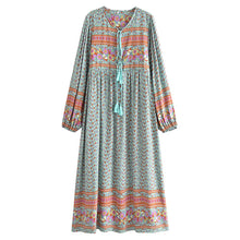 Load image into Gallery viewer, Green Floral Bohemian Maxi Dress,Rayon Cotton Boho Dress