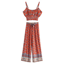 Load image into Gallery viewer, Red Floral Print Two Piece Outfits, Rayon Cotton Boho Sets
