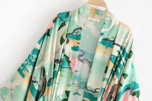 Load image into Gallery viewer, Boho Kimono,Bikini Cover-ups,Green Crane Floral