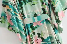 Load image into Gallery viewer, Boho Kimono,Bikini Cover-ups,Green Crane Floral