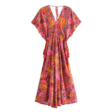 Load image into Gallery viewer, Red Floral Bohemian Maxi Dress,Rayon Cotton Beach Boho Dress